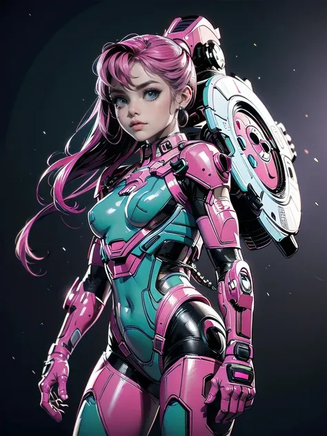 masterpiece, best quality, 1girl, solo, retro futuristic cyborgwoman, seamlessly blending mechanics and elegance. fit, small breasts, blueish skin, with magenta hair, fashion modeling pose, form fitting pastel green and pink with black colorblocking gundam...