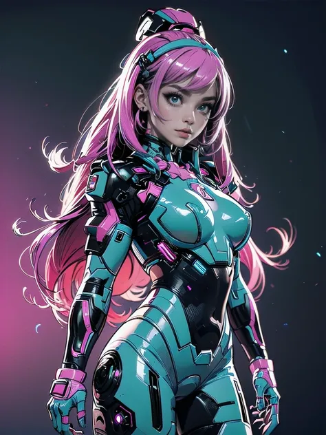 masterpiece, best quality, 1girl, solo, retro futuristic cyborgwoman, seamlessly blending mechanics and elegance. fit, small breasts, blueish skin, with magenta hair, fashion modeling pose, form fitting pastel green and pink with black colorblocking gundam...