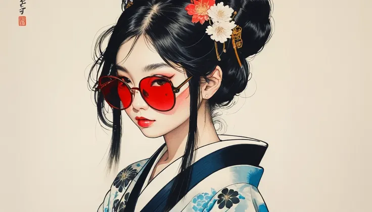 Ink Painting, (((1 girl))), (((Tattoo on face))), (((sunglasses))), (((Gorgeous kimono))), Japanese style headphones, Japanese sword, beautiful girl, Black Hair, Delicate and precise, Modern ukiyo-e style, Maid