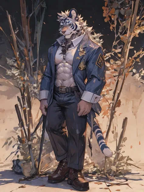 {{bara extremely handsome white tiger,}} {{white fur,}} white, wearing elegant ornate suit jacket, trousers, white dress shirt and necktie, white fluffy furry body and limbs, loafers, very tall, very broad shoulders, narrow waist, muscular arms, massive pe...