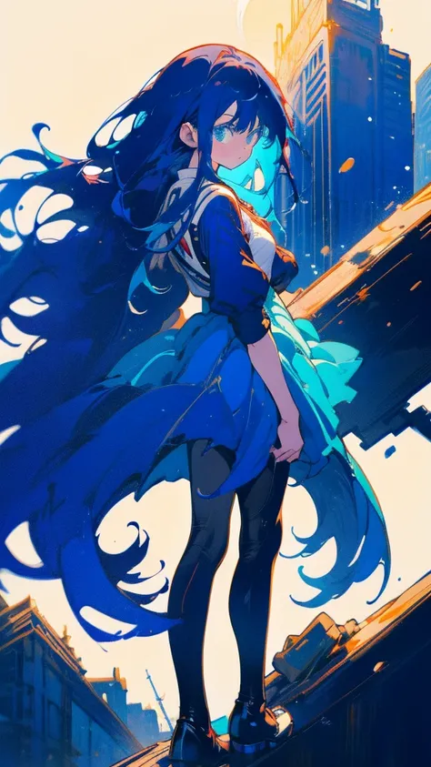 Blue-haired long hair，Design clothing，Seven-doppelganger shot，Anime style 4K，Anime girl with teal hair，High quality anime art style，Standing painting，Splash ink background，Blue Themes、Pure white background,Buildings,Face close-up,Buildings,Moon and sun、Lon...