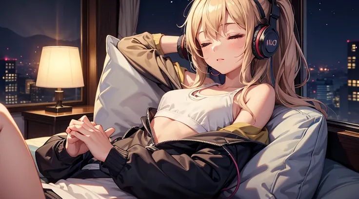 Girl with headphones enjoying music in a home　I am studying　Emphasize a little bit of the big chest　Looking towards me with eyes closed　Night Background