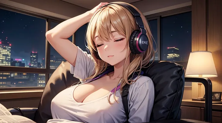 Girl with headphones enjoying music in a home　I am studying　Emphasize a little bit of the big chest　Looking towards me with eyes closed　Night Background