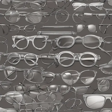 (detailed drawing) Eyeglass frames, gray tones, graphics, designs, logos