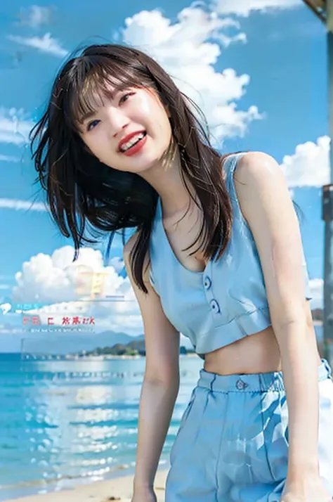 １Beautiful female protagonist、Fashion Model、Beautiful sandy beach、Calm waves、blue sky、Red Bikini、Big Clouds、Summer Clouds、Accentuate your bust、Laugh with your mouth wide open、Run、