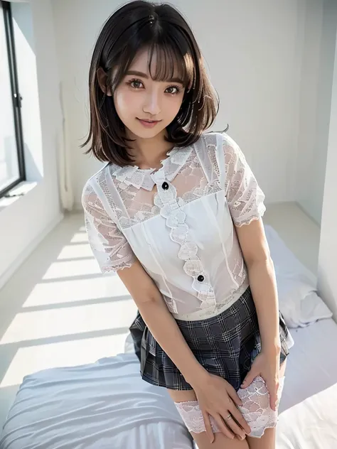 (Highest quality:1.9)、(High resolution)、Live-action image quality、((19 year old female university student、1 person))、Soft lighting by a professional photographer、Natural light、((Very spacious white luxurious room:1.6))、((Bright white room:1.6))、(Standing i...