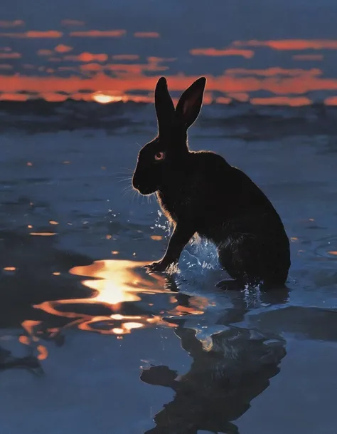 rabbit in water, sunset background