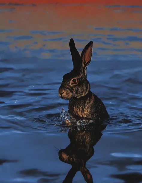 rabbit in water, sunset background