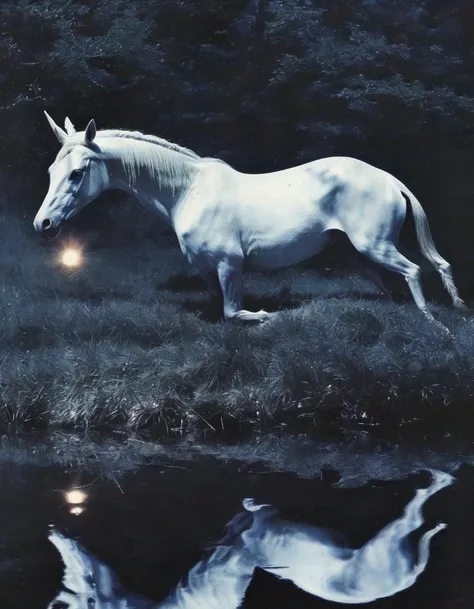 unicorn in water, night forest background