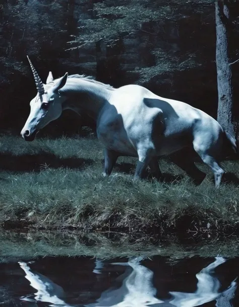 unicorn in water, night forest background