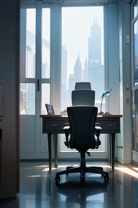 office,  The office of the future, futuristic design, large desk, wall with paintings and diplomas, Glossy floor, hlLarge spacious windows, outside the window you can see a futuristic city with multi-story office buildings, starships fly,  16 thousand. ue5...