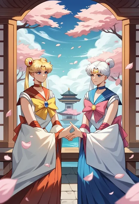 Sailor Moon，多种变化的Cherry blossoms，Sailor Moon，Cherry blossoms，Two girls，Dressed in ancient Chinese costumes，Flowing tulle，Light Silk，Lazy posture，Big lotus leaf，lotus，Ink painting style，Clean colors，Decisive cuts，Leave a blank，Impressionism，masterpiece，Ultr...