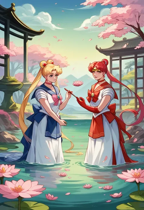 Sailor Moon，多种变化的Cherry blossoms，Sailor Moon，Cherry blossoms，Two girls，Dressed in ancient Chinese costumes，Flowing tulle，Light Silk，Lazy posture，Big lotus leaf，lotus，Ink painting style，Clean colors，Decisive cuts，Leave a blank，Impressionism，masterpiece，Ultr...