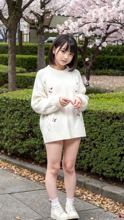 standing under a cherry tree, japanese girls, 15 years old, a bit, cute, (white small knit sweater:1.3), it&#39;s snowing, the p...