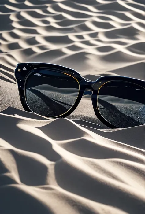 (Artwork) An insanely detailed low angle shot of a pair of sunglasses ((highlighted, foreground)(Important)) on the sand of a beach, waves in the background, full moon night, the glasses reflecting the moon, black and white linear design, high contrast, dr...