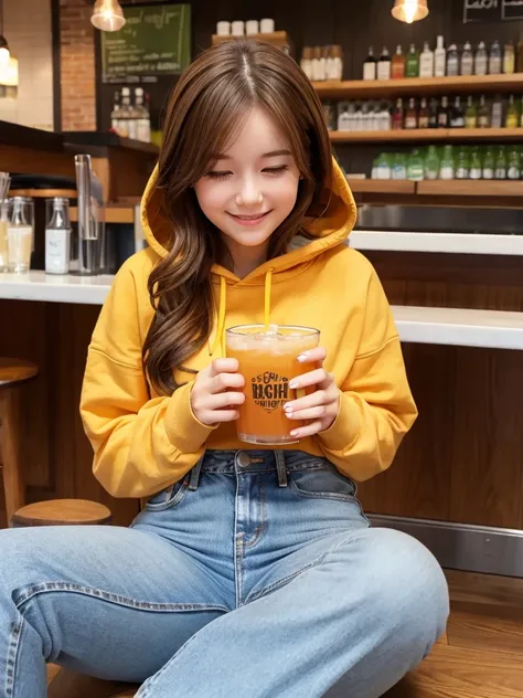 Bright cafe,Drink a drink,face down,smile,Girl in her 20s,semi-long,Brown Hair,hoodie,jeans,cute