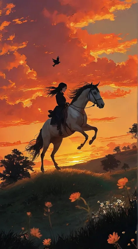 horse, horseback_riding, outdoors, riding, sky, 1girl, cloud, sunset, long_hair, artist_name, grass, solo, black_hair, flower, cloudy_sky, orange_sky, animal, watermark, bird, scenery