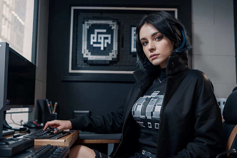 (pixelart: 1.2), beautiful gothic women, sexy goth girl, designer sweatshirt coat with logos, pants, short black hair with blue tips, office,sitting in the office in front of the computer, 