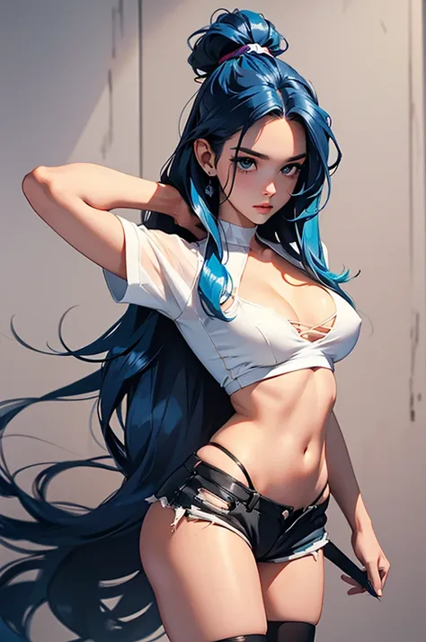 (best quality: 1.2), clean face, (masterpiece: 1.2, 8k) perfect anatomy, 1girl,a beautiful fashion model ,(masterpiece, official art, best quality ,long and shiny hair, blue hair with streaks in hair, long hair, full lips, slender body, slim body big breas...