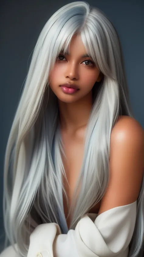 leogirl, cute dark skin 1girl, long tousled white hair, biting lips, seductive forward lean, delicate skin, delicate face, real, realistic, 1girl,white hair,blue background,upper body, (((dark skin))), (((white hair)))