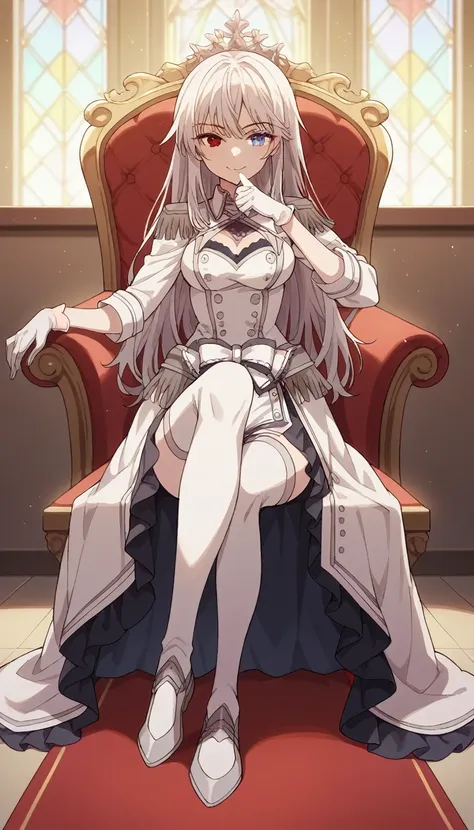 1girl, solo, full length, long hair, loose hair, medium breasts, looking at viewer, legs, hand, bangs, smile, heterochromia, red eyes, blue eyes, sitting, arrogant smile, legs, stockings, gloves, cleavage, indoors, on the throne, closed mouth, heterochromi...