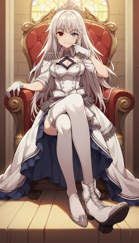 1girl, solo, full length, long hair, loose hair, medium breasts, looking at viewer, legs, hand, bangs, smile, heterochromia, red eyes, blue eyes, sitting, arrogant smile, legs, stockings, gloves, cleavage, indoors, on the throne, closed mouth, heterochromi...