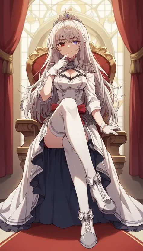 1girl, solo, full length, long hair, loose hair, medium breasts, looking at viewer, legs, hand, bangs, smile, heterochromia, red eyes, blue eyes, sitting, arrogant smile, legs, stockings, gloves, cleavage, indoors, on the throne, closed mouth, heterochromi...