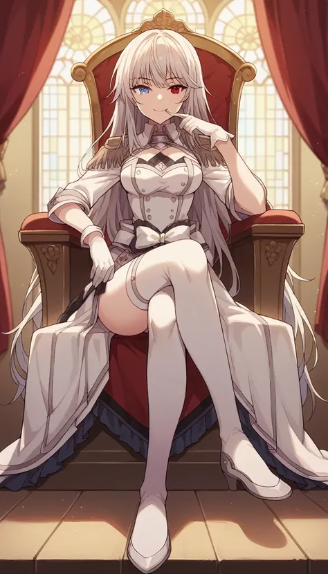 1girl, solo, full length, long hair, loose hair, medium breasts, looking at viewer, legs, hand, bangs, smile, heterochromia, red eyes, blue eyes, sitting, arrogant smile, legs, stockings, gloves, cleavage, indoors, on the throne, closed mouth, heterochromi...