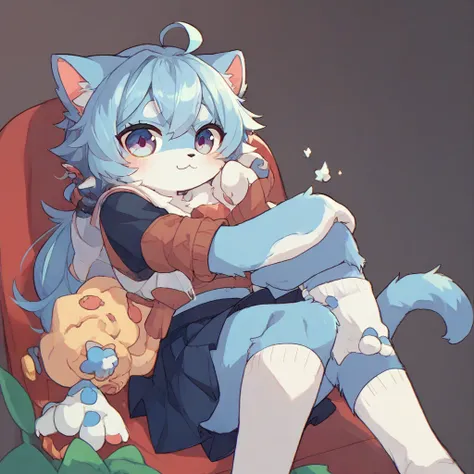 furry, knee-high socks, light blue hair, , hair, cat ears, girl, cute, cat girl, Skirt, furry, fluffy, 