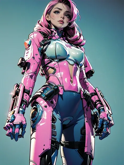 masterpiece, best quality, 1girl, solo, retro futuristic cyborgwoman, seamlessly blending mechanics and elegance. fit, small breasts, blueish skin, with magenta hair, fashion modeling pose, form fitting pastel green and pink with black colorblocking gundam...