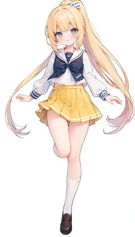 masterpiece, best quality, high resolution, 8k, white simple background, standing, ponytail,  slim waist,  very cute, sailor uniform, yellow skirt, knee high long socks, (Pastel Colors: 1.23), full body, gently smile