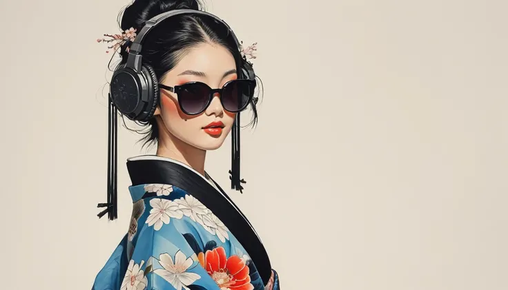 Ink Painting, (((1 girl))), (((Tattoo on face))), (((sunglasses))), (((Gorgeous kimono))), Japanese style headphones, Japanese sword, beautiful girl, Black Hair, Delicate and precise, Modern ukiyo-e style, Maid