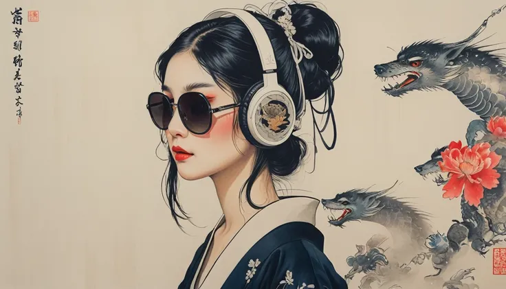 Ink Painting, (((1 girl))), (((Tattoo on face))), (((sunglasses))), Japanese style headphones, Japanese sword, beautiful girl, Black Hair, Delicate and precise, Modern ukiyo-e style, Maid