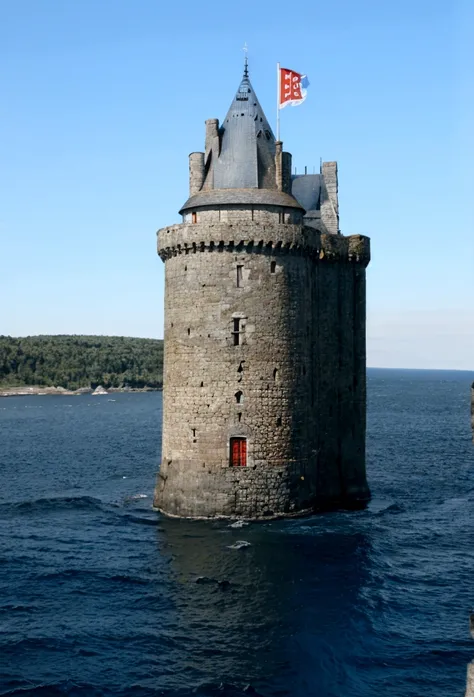 a tall royal castle on a stone fjord, below is a raging ocean and blue sky