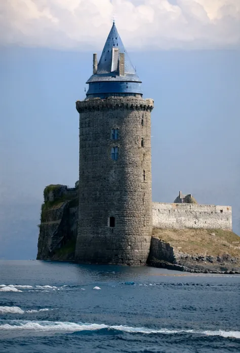 a tall royal castle on a stone fjord, below is a raging ocean and blue sky