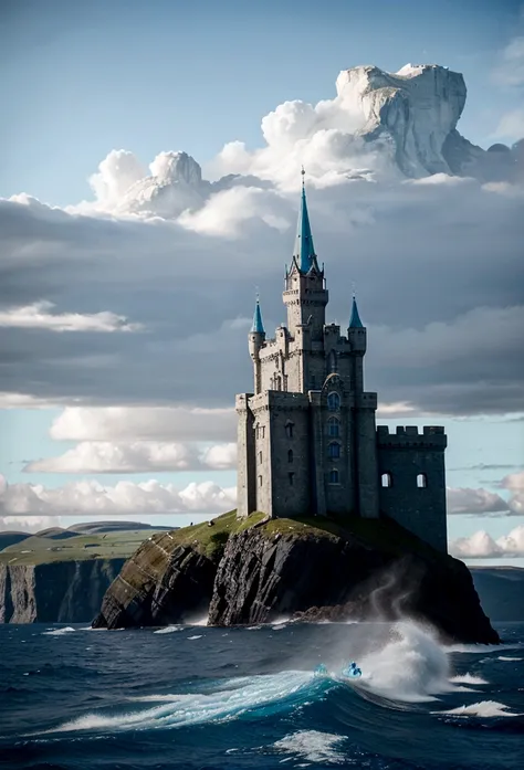 A tall royal castle on a stone fjord, below is a raging ocean and blue sky