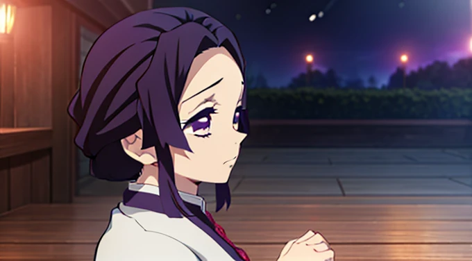 Masterpiece, Best Quality, young woman、Kimetsu no Yaiba style、uniform hashira、hashira、hair purple、tied hair long braid、sad、 hugged legs、 face down、background night、 close-up、 ancient room、lights、 Night street, sitting on wooden steps, lights 