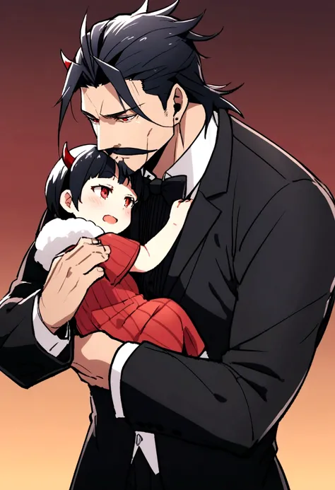 demon butler, middle aged man carrying food, goatee and mustache, Strict black suit, Red eyes