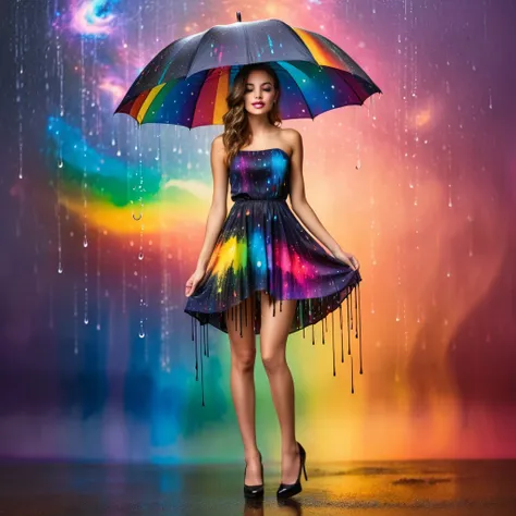 rainbow-colored dripping rain and the cosmic pattern on the dress. The female should be wearing high heels and holding a galaxy-themed umbrella. Its important that each individual color spectrum is clearly visible and that the female stands out against a v...