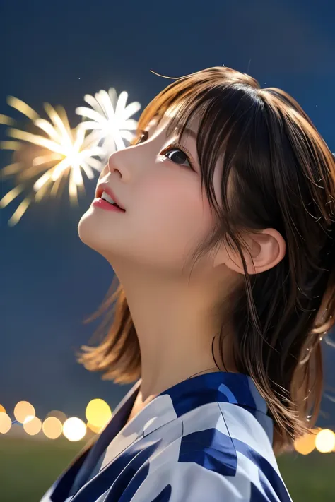 Highest quality, (beautiful)、yukata、Looking up at the sky、field、night、firework