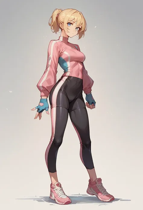 1girl, pink bike jersey, pink bike shorts, ((tight jersey)), ((tight long sleeves)), blonde hair, fingerless blue gloves, ((tight gloves)), full body, gloves, short hair, ponytail, standing, solo, looking at viewer
