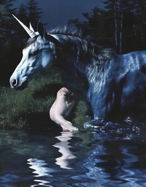 unicorn in water, night forest background