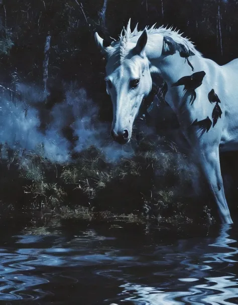 unicorn in water, night forest background