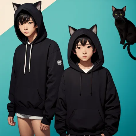 Cute boy、Cat ear、Fair skin、Embarrassed、Blue sea background、Black hoodie and shorts