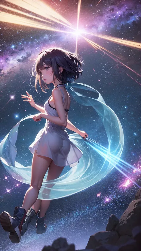 Create an anime-style illustration inspired by the song lyrics, depicting a cosmic journey and a quest for truth. The scene is set under a boundless night sky filled with countless stars, with a sense of infinite space. In the foreground, a young female pr...