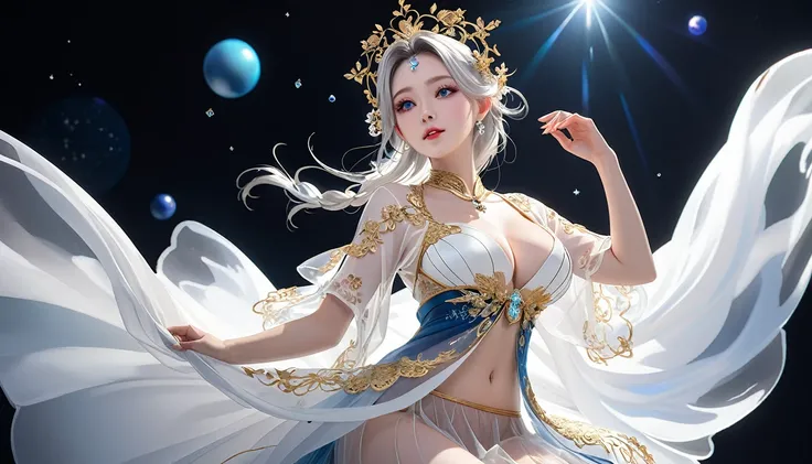 Woman in transparent dress,Viewer,(((Full breasts, Keeley University))),Slim waist,(Navel exposed,Bare waist), Long hair, extreme detailed details, Detailed fantasy art, Stunning character art, Beautiful and exquisite character art, Beautiful transparent d...