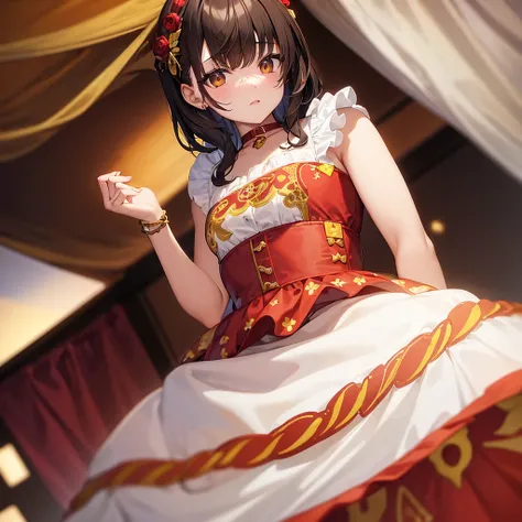 A girl with brown eyes, dark brown, not very short hair. In a white dress with red and yellow decorations and patterns on the dress with yellow angel wings, the girl is mentally ill. 