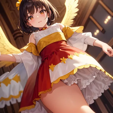 A girl with brown eyes, dark brown, not very short hair. In a white dress with red and yellow decorations and patterns on the dress with yellow angel wings, the girl is mentally ill. 