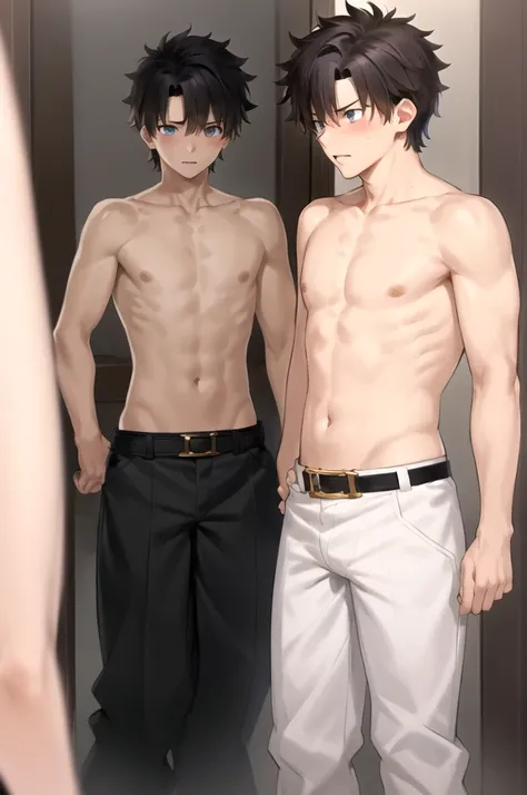 (Masterpiece, Best Quality:1.2), Alone, male focus, 1 chico, Fujimaru , looking in the mirror , shirtless , pants, belt , blushing cheeks 