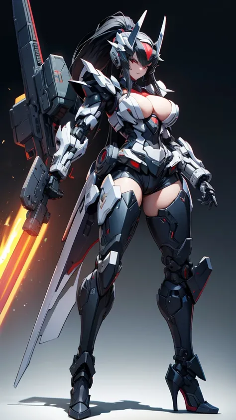 A huge mecha girl with long black hair and ponytail，Chest，cleavage，Full body black armor，helmet，robot，mechanical joint，Thruster，high heels，front，Sci-fi city